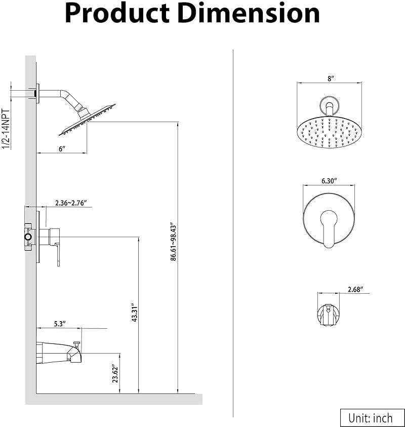 Esnbia Matte Black Shower Faucet Set, 8-Inch Rain Shower Head and Handle Set, Bathtub Shower Faucet Set with Single Handle and Tub spout, Shower Valve Included, Matte Black - Image 4