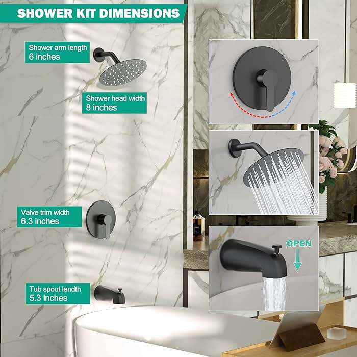 Esnbia Matte Black Shower Faucet Set, 8-Inch Rain Shower Head and Handle Set, Bathtub Shower Faucet Set with Single Handle and Tub spout, Shower Valve Included, Matte Black - Image 6