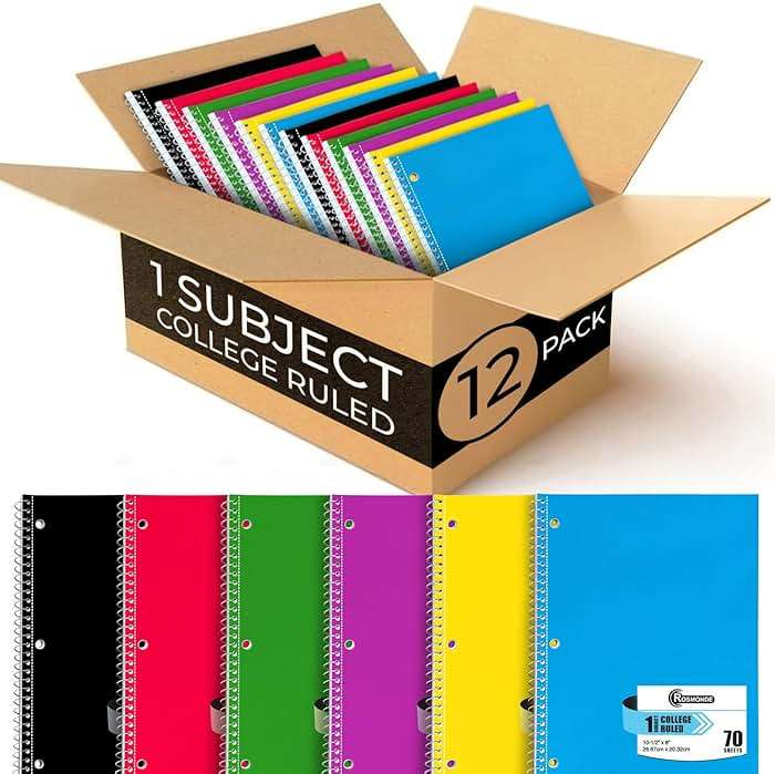 Rosmonde Spiral Notebook, 12 Pack, 1 Subject, College Ruled, 70 Sheets, 8 x 10-1/2", 3 Hole Punched, Bulk College Ruled Notebooks for School, Single Subject Spiral Notebook Bulk, Assorted Colors - Image 1