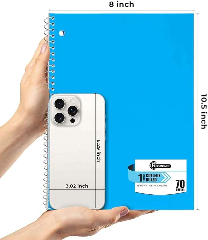 Rosmonde Spiral Notebook, 12 Pack, 1 Subject, College Ruled, 70 Sheets, 8 x 10-1/2", 3 Hole Punched, Bulk College Ruled Notebooks for School, Single Subject Spiral Notebook Bulk, Assorted Colors - Image 2