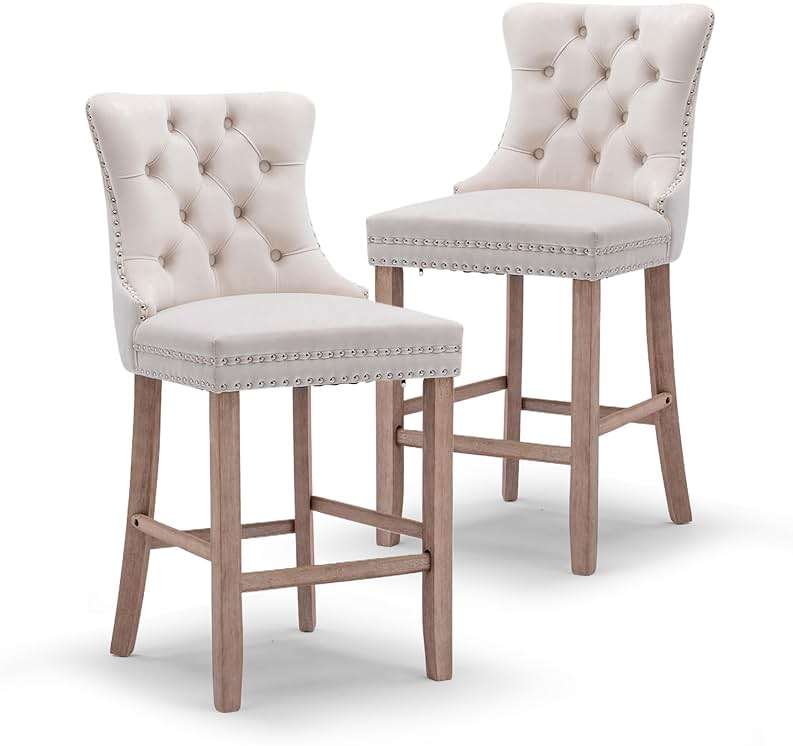 JETEAGO Bar Stools Set of 2, 25-inch Seat Height Velvet Upholstered Bar Stool for Kitchen Island, Counter Stools with Nailhead Trim, Beige - Image 1