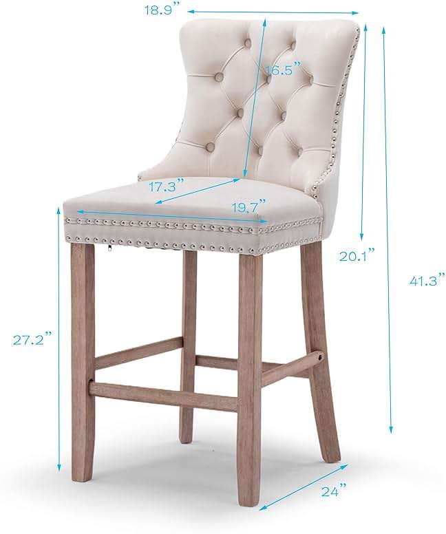 JETEAGO Bar Stools Set of 2, 25-inch Seat Height Velvet Upholstered Bar Stool for Kitchen Island, Counter Stools with Nailhead Trim, Beige - Image 3