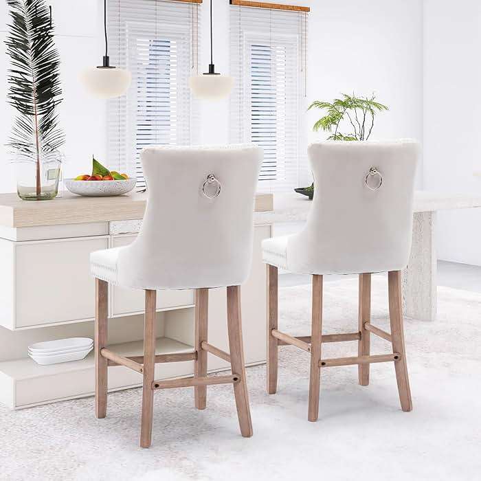 JETEAGO Bar Stools Set of 2, 25-inch Seat Height Velvet Upholstered Bar Stool for Kitchen Island, Counter Stools with Nailhead Trim, Beige - Image 4