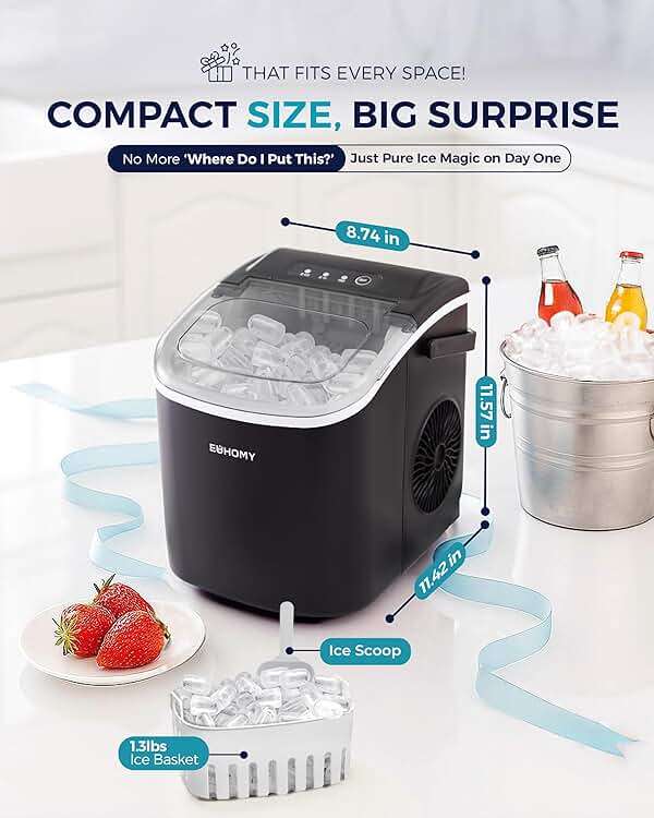 EUHOMY Countertop Ice Maker Machine with Handle, 26lbs in 24Hrs, 9 Ice Cubes Ready in 6 Mins, Auto-Cleaning Portable Ice Maker with Basket and Scoop, for Home/Kitchen/Camping/RV. (Black) - Image 3