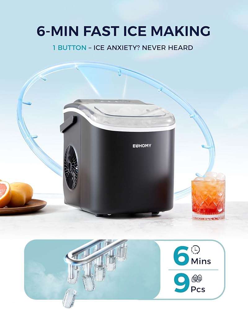 EUHOMY Countertop Ice Maker Machine with Handle, 26lbs in 24Hrs, 9 Ice Cubes Ready in 6 Mins, Auto-Cleaning Portable Ice Maker with Basket and Scoop, for Home/Kitchen/Camping/RV. (Black) - Image 5