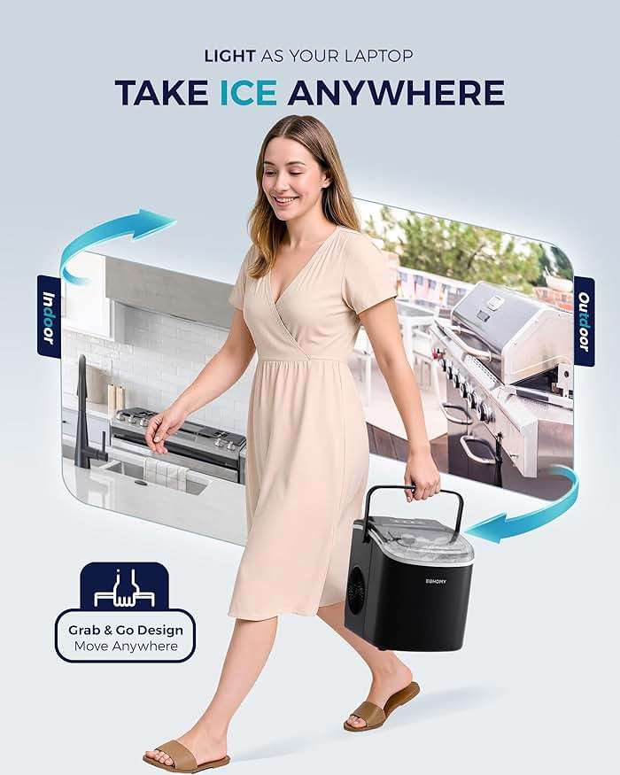 EUHOMY Countertop Ice Maker Machine with Handle, 26lbs in 24Hrs, 9 Ice Cubes Ready in 6 Mins, Auto-Cleaning Portable Ice Maker with Basket and Scoop, for Home/Kitchen/Camping/RV. (Black) - Image 6