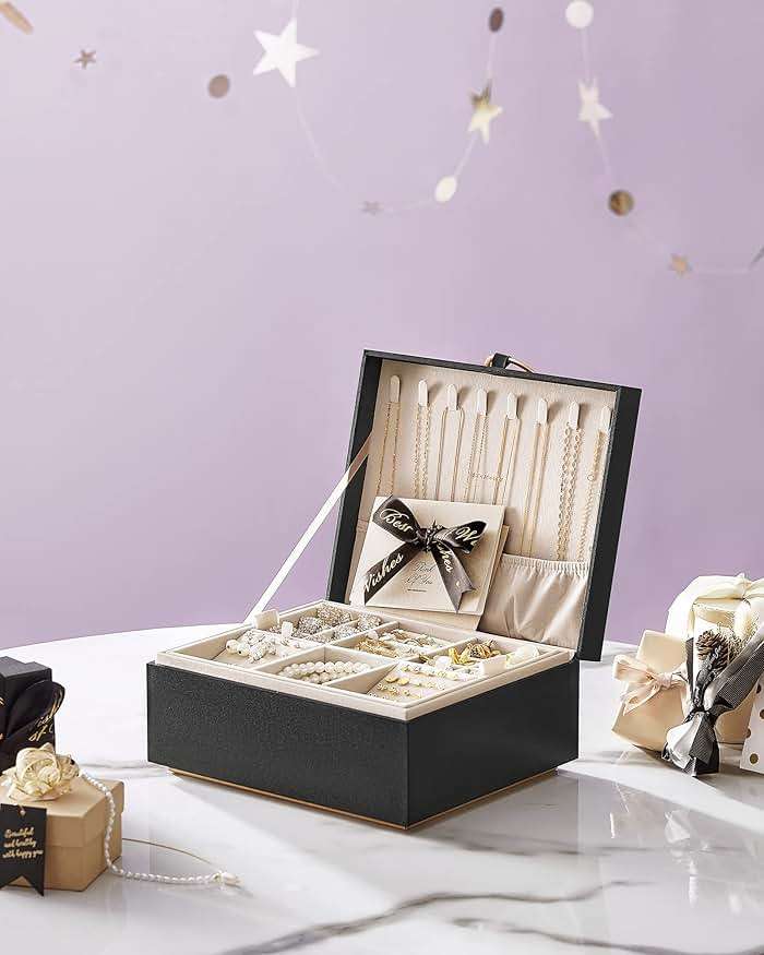 SONGMICS 2-Layer Jewelry Box, Jewelry Organizer with Handle, Removable Jewelry Tray, Jewelry Storage, Floating Effect, 8.1 x 9.4 x 4.3 Inches, Gift Idea, Black UJBC165B01 - Image 2