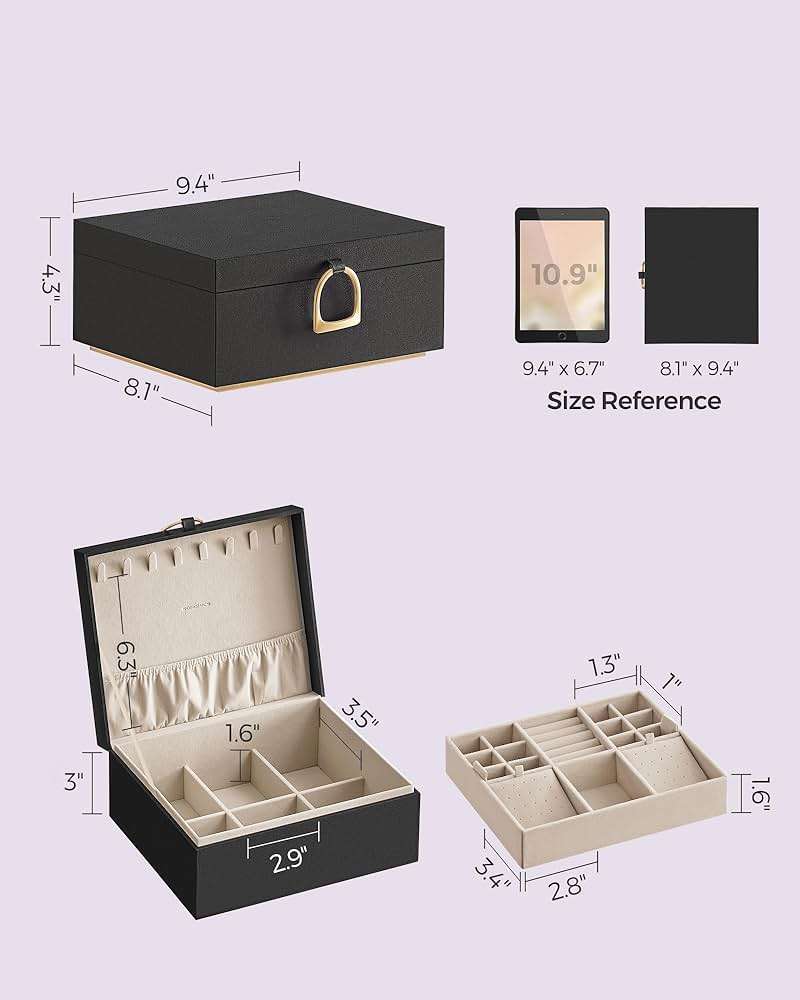 SONGMICS 2-Layer Jewelry Box, Jewelry Organizer with Handle, Removable Jewelry Tray, Jewelry Storage, Floating Effect, 8.1 x 9.4 x 4.3 Inches, Gift Idea, Black UJBC165B01 - Image 3