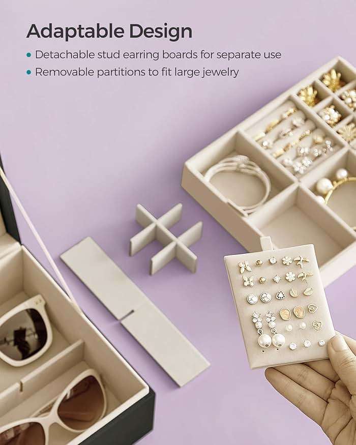 SONGMICS 2-Layer Jewelry Box, Jewelry Organizer with Handle, Removable Jewelry Tray, Jewelry Storage, Floating Effect, 8.1 x 9.4 x 4.3 Inches, Gift Idea, Black UJBC165B01 - Image 7
