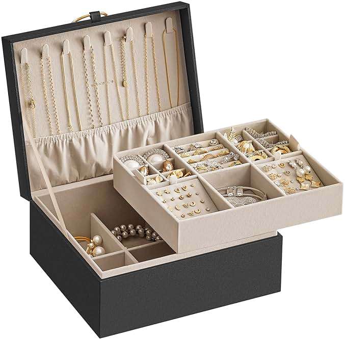 SONGMICS 2-Layer Jewelry Box, Jewelry Organizer with Handle, Removable Jewelry Tray, Jewelry Storage, Floating Effect, 8.1 x 9.4 x 4.3 Inches, Gift Idea, Black UJBC165B01 - Image 9