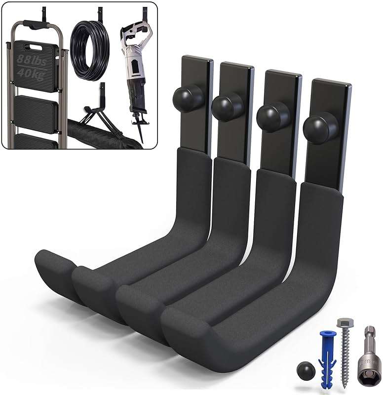 SunVFaFa 4 Pack Garage Storage Hooks, Ladder Hangers, Steel Wall Mount Hooks, Utility Hooks for Hanging Heavy Duty Shed Tools, Ropes, Garden Hoses, Shovel, Bulk Items, etc.（88lbs, 4Inch） - Image 1