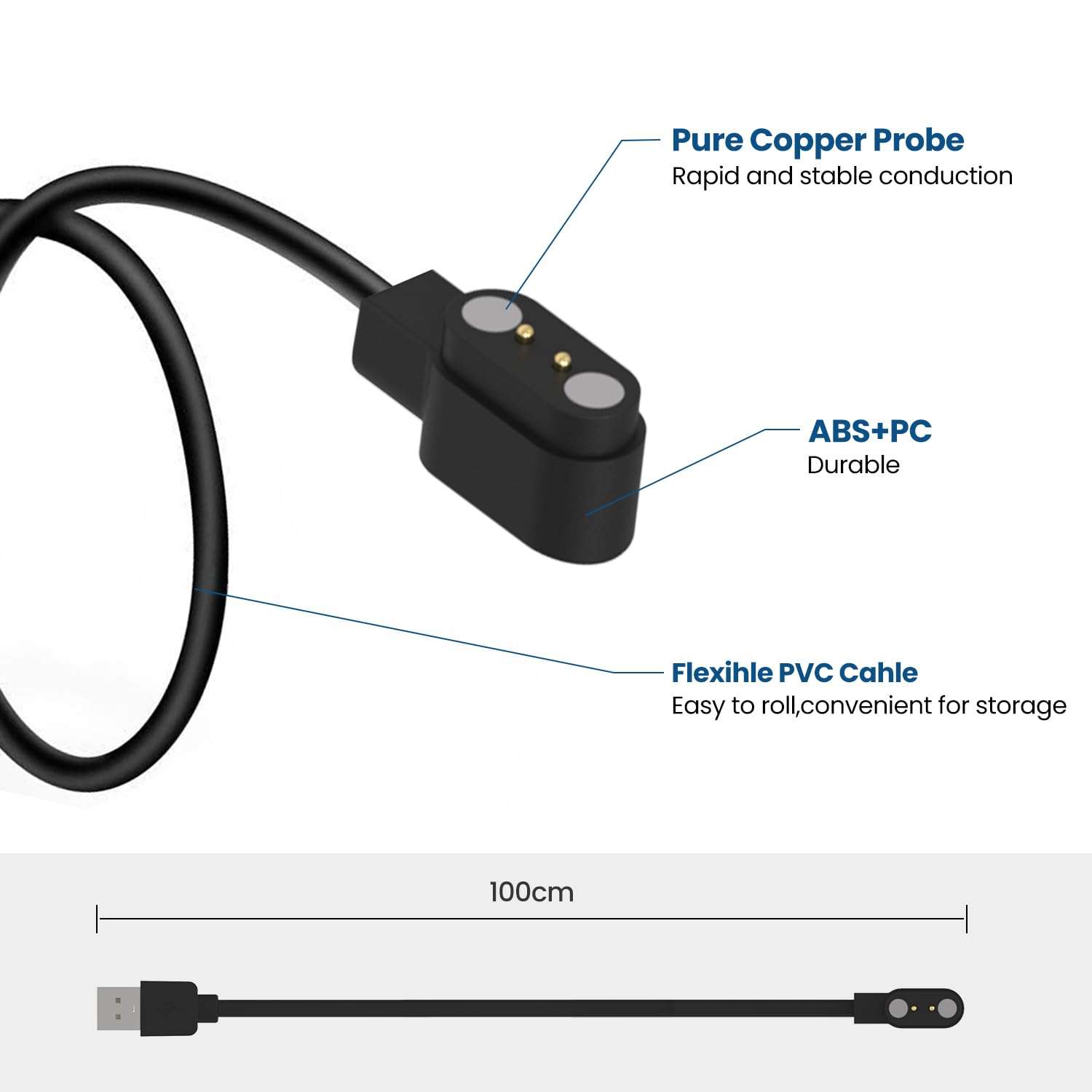RuenTech Compatible with TOZO S7 S6 S5 S4 S3 S2 Smart Watch Charger, Replacement USB Charging Cable 3.3 Ft Charging Cord for TOZO S2 Pro/S2 44mm/S2 40mm Smart Watch (Black&Black) - Image 3