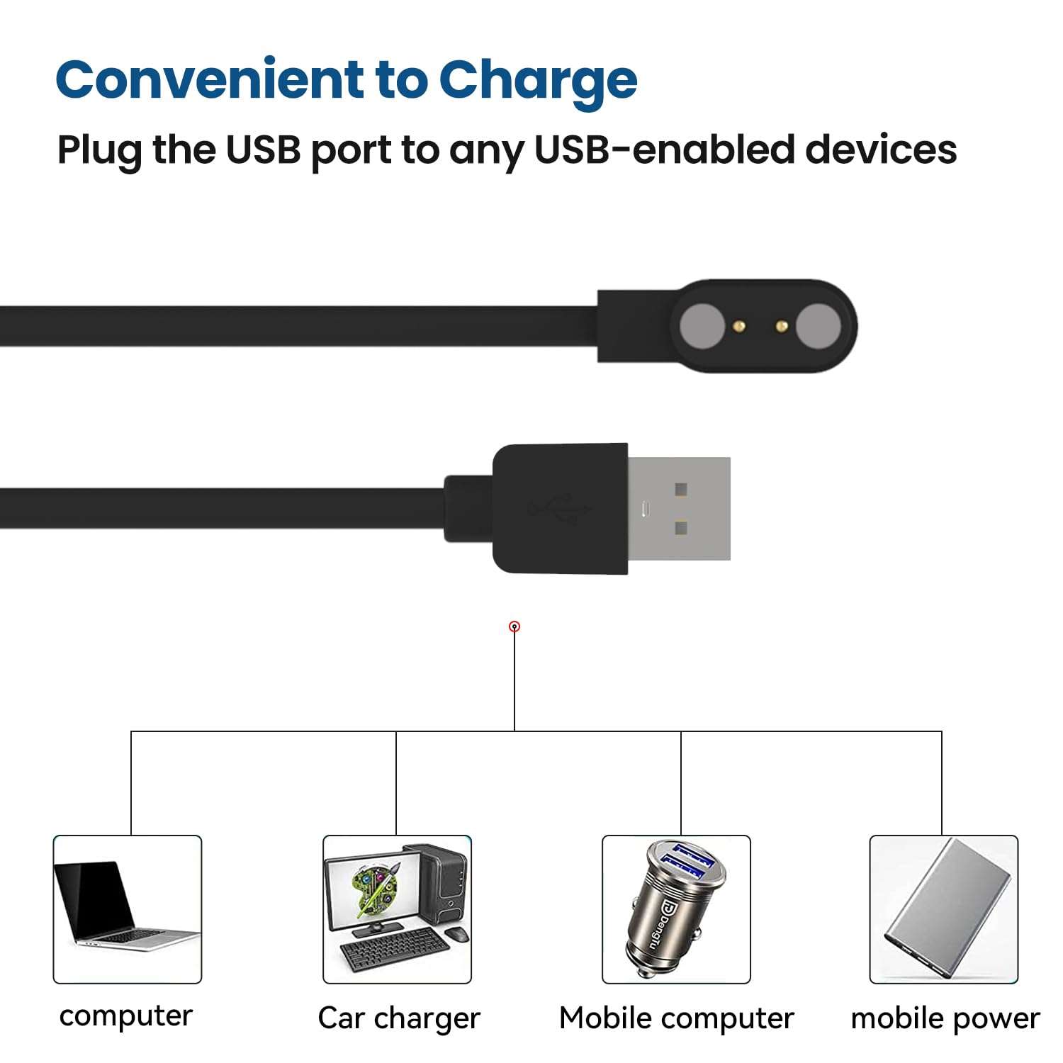 RuenTech Compatible with TOZO S7 S6 S5 S4 S3 S2 Smart Watch Charger, Replacement USB Charging Cable 3.3 Ft Charging Cord for TOZO S2 Pro/S2 44mm/S2 40mm Smart Watch (Black&Black) - Image 6