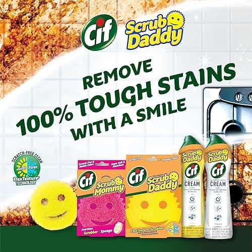Scrub Daddy Sponges & Cif All Purpose Cleaner, Lemon - Non Scratch Sponges for Kitchen + Bathroom - Scrubber and Multipurpose Cleaner Cream - Cleaning Supplies Kit - Image 2