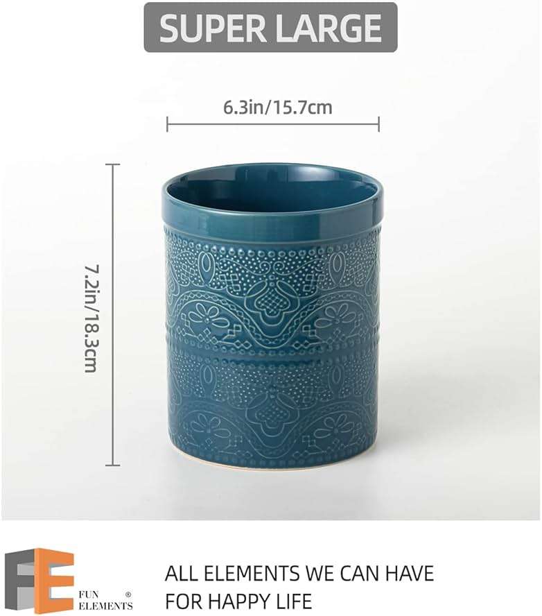 FUN ELEMENTS Kitchen Utensil Holder, 7.2" Super Large Utensil Crock Heavy and Stable Lace Emboss Ceramic Utensil Holder for Kitchen Counter (Grayish Blue) - Image 3