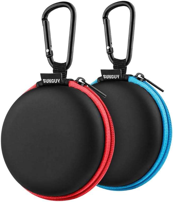 SUNGUY [2-Pack Earbuds Case, Small Round Pocket Earbud Travel Carrying Case Pouch with Carabiners for Earbuds, Headsets, in-Ear Headphones, Hearing Aids, USB Cable and More (Red + Blue) - Image 1