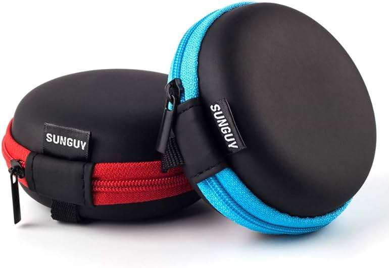 SUNGUY [2-Pack Earbuds Case, Small Round Pocket Earbud Travel Carrying Case Pouch with Carabiners for Earbuds, Headsets, in-Ear Headphones, Hearing Aids, USB Cable and More (Red + Blue) - Image 2