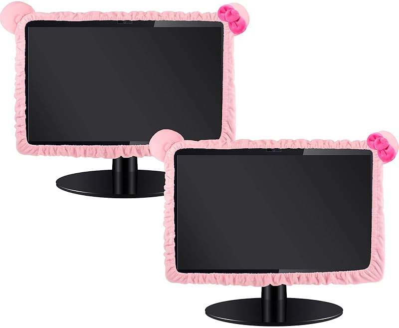 Hoteam 2 Pcs 17''-24'' Kawaii Computer Monitor Cover with Cat Ear Furry Cute Pink Monitor Dust Cover Protector Lovely Computer Desk Accessories Laptop TV LCD Screen Decoration for Tablet - Image 1