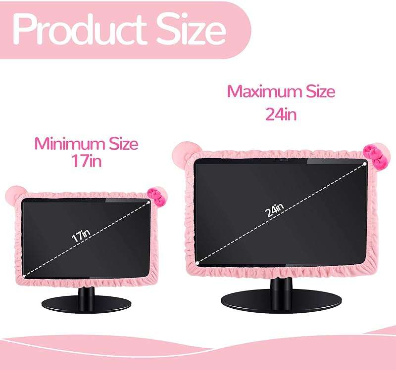 Hoteam 2 Pcs 17''-24'' Kawaii Computer Monitor Cover with Cat Ear Furry Cute Pink Monitor Dust Cover Protector Lovely Computer Desk Accessories Laptop TV LCD Screen Decoration for Tablet - Image 2