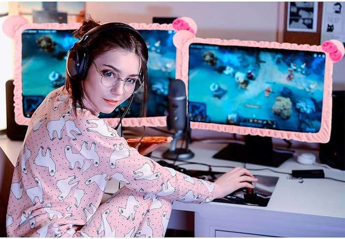 Hoteam 2 Pcs 17''-24'' Kawaii Computer Monitor Cover with Cat Ear Furry Cute Pink Monitor Dust Cover Protector Lovely Computer Desk Accessories Laptop TV LCD Screen Decoration for Tablet - Image 5
