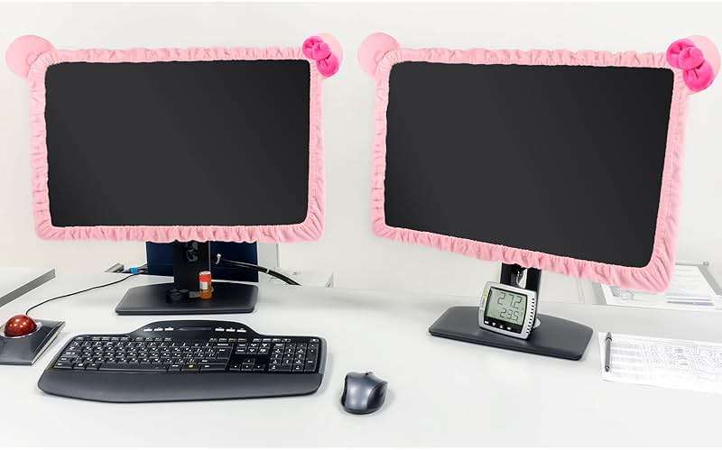 Hoteam 2 Pcs 17''-24'' Kawaii Computer Monitor Cover with Cat Ear Furry Cute Pink Monitor Dust Cover Protector Lovely Computer Desk Accessories Laptop TV LCD Screen Decoration for Tablet - Image 6