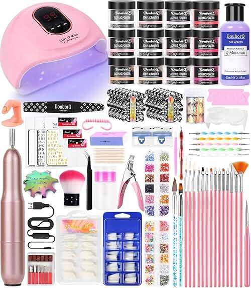 Acrylic Nail Art Kit for Beginners with U V Lamp and Drill | Complete manicure set includes acrylic powder, brush, glitter, file, French tips, nail drill and U V lamp for home use - Image 1