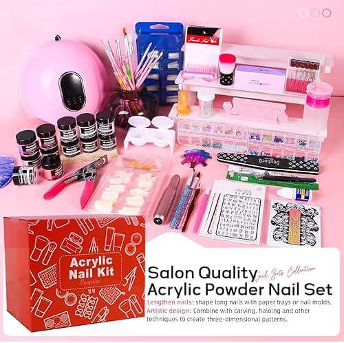 Acrylic Nail Art Kit for Beginners with U V Lamp and Drill | Complete manicure set includes acrylic powder, brush, glitter, file, French tips, nail drill and U V lamp for home use - Image 2