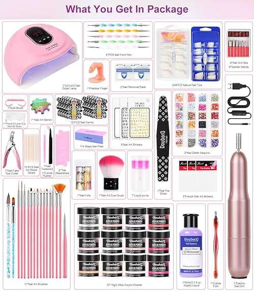 Acrylic Nail Art Kit for Beginners with U V Lamp and Drill | Complete manicure set includes acrylic powder, brush, glitter, file, French tips, nail drill and U V lamp for home use - Image 8