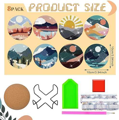 Sunnyray 8 Pcs Diamond Painting Coasters Kits with Holder, Landscape Black Cat Diamond Art Coasters Set Boho Diamonds Dots Painting Kits Adults DIY Art for Drinks Coffee Table(Landscape) - Image 2