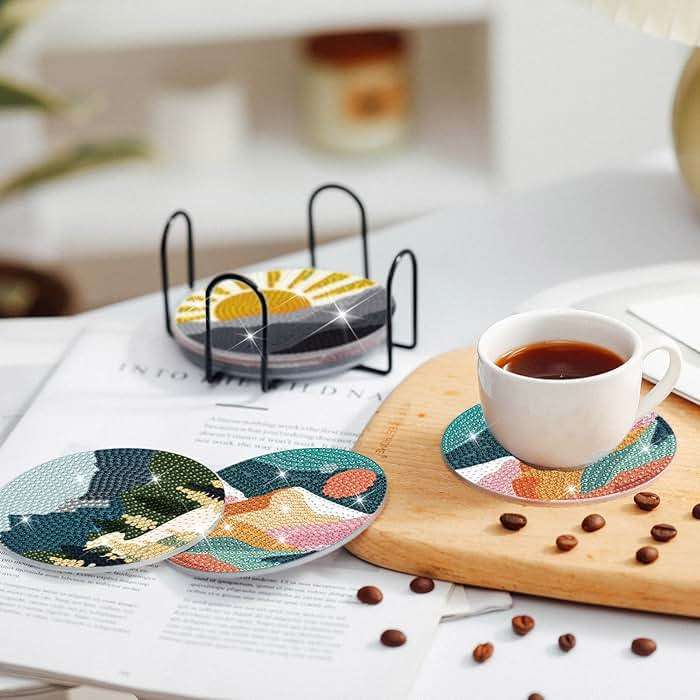Sunnyray 8 Pcs Diamond Painting Coasters Kits with Holder, Landscape Black Cat Diamond Art Coasters Set Boho Diamonds Dots Painting Kits Adults DIY Art for Drinks Coffee Table(Landscape) - Image 5