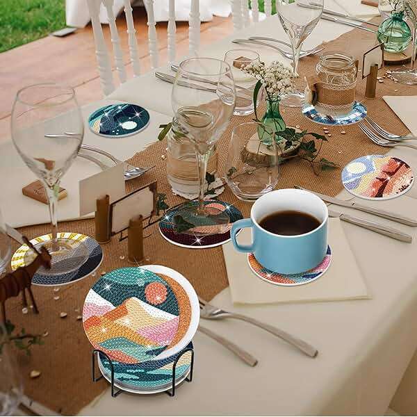 Sunnyray 8 Pcs Diamond Painting Coasters Kits with Holder, Landscape Black Cat Diamond Art Coasters Set Boho Diamonds Dots Painting Kits Adults DIY Art for Drinks Coffee Table(Landscape) - Image 7