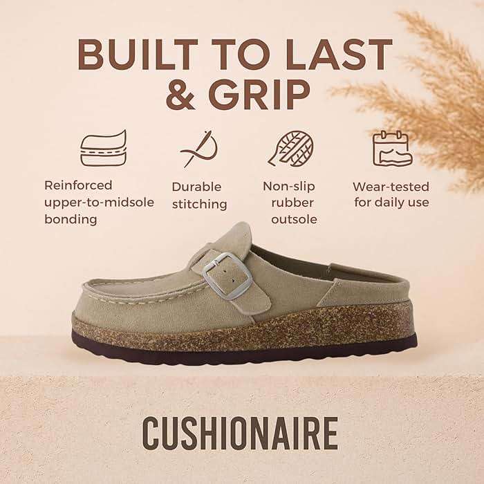 CUSHIONAIRE Hobby Genuine Leather Suede Mule Clogs for Women with Buckle Strap and Cork Footbed, Supportive All-Day Comfort in Womens Shoes - Image 4