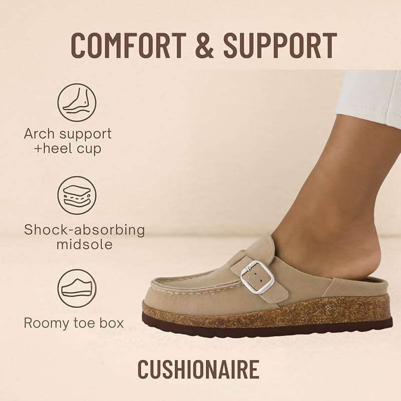 CUSHIONAIRE Hobby Genuine Leather Suede Mule Clogs for Women with Buckle Strap and Cork Footbed, Supportive All-Day Comfort in Womens Shoes - Image 6