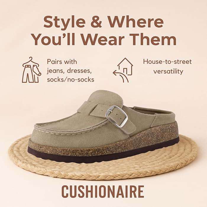 CUSHIONAIRE Hobby Genuine Leather Suede Mule Clogs for Women with Buckle Strap and Cork Footbed, Supportive All-Day Comfort in Womens Shoes - Image 8
