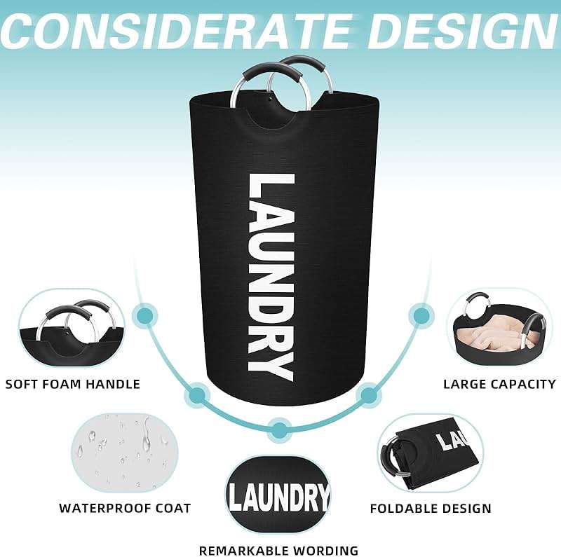 StorageRight 90L Large Laundry Basket, Laundry Hamper, Dirty Clothes Hamper for Laundry, Collapsible, Waterproof Laundry Baskets with Foam Protected Aluminum Handles for Laundry, Dorm, Family (Black) - Image 3