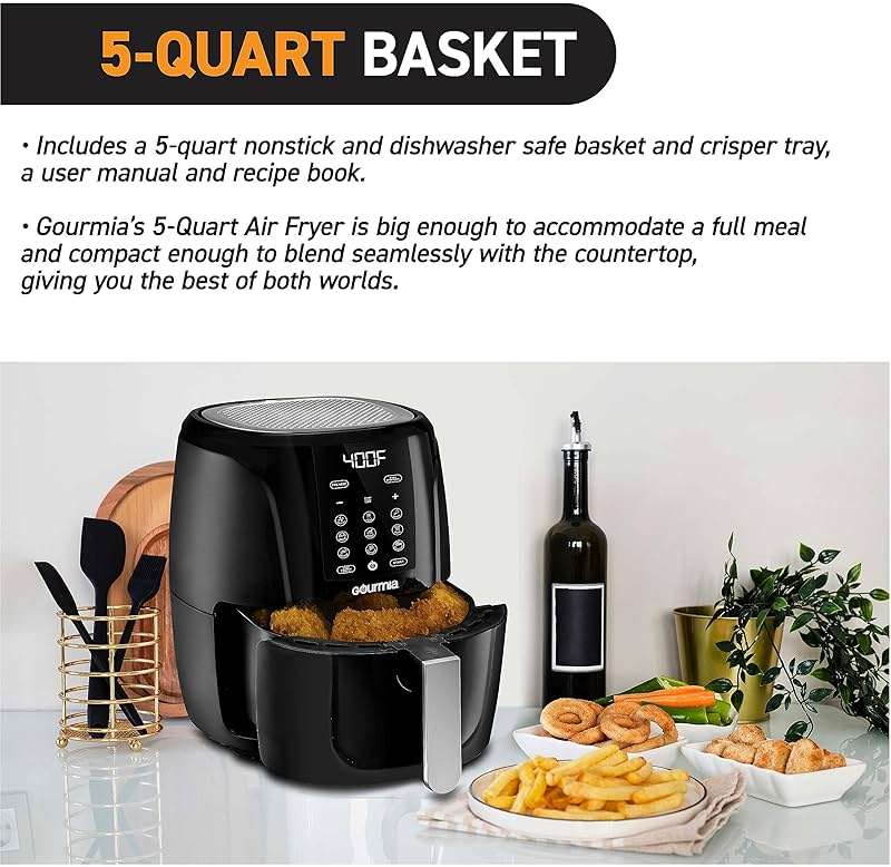 Gourmia Air Fryer Oven Digital Display 5 Quart Large AirFryer Cooker 12 1-Touch Cooking Presets, XL Air Fryer Basket 1500w Power Multifunction Black and Stainless Steel Accents FRY FORCE GAF536 - Image 3