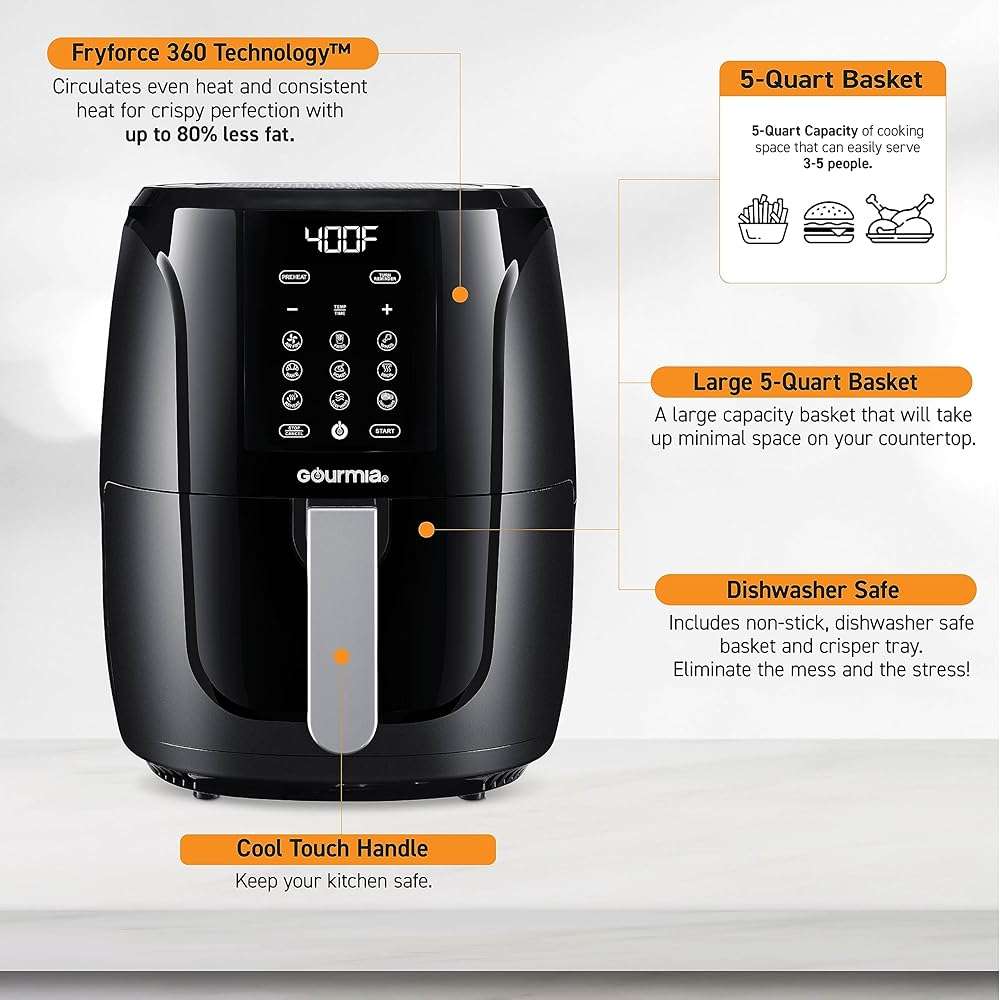 Gourmia Air Fryer Oven Digital Display 5 Quart Large AirFryer Cooker 12 1-Touch Cooking Presets, XL Air Fryer Basket 1500w Power Multifunction Black and Stainless Steel Accents FRY FORCE GAF536 - Image 7