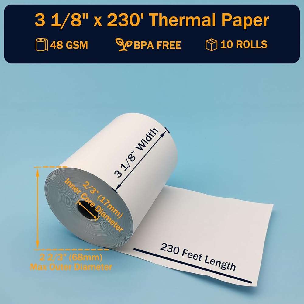 (10 Rolls) 3 1/8 x 230 Thermal Paper Rolls, BPA Free Thermal Receipt Paper Rolls, 3.125 inch Wide and 230 ft Long Per Thermal Paper Receipt Roll - Image 2