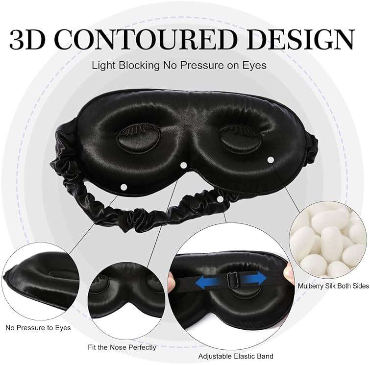 ZIMASILK Adjustable 22 Momme 100% Pure Mulberry Silk Sleep Mask, 3D Contoured Cup Eye Mask for Sleeping, Super Soft Breathable Blindfold, Perfect Blocks Light for Sleeping (Black) - Image 2