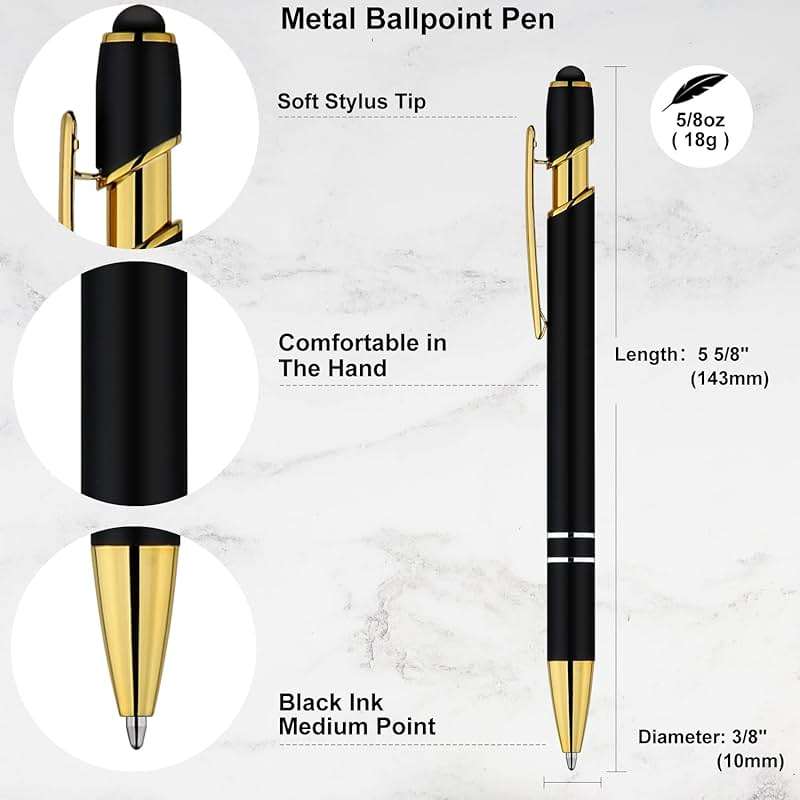 LINFANC 12 Pack Black Gold Ballpoint Pen with Stylus Tip, 1.0 mm Black Ink Smooth Writing Pens, Metal Stylus Pens for Touch Screens - Image 3