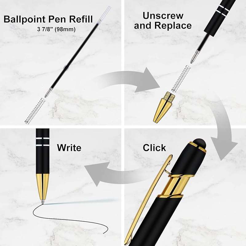 LINFANC 12 Pack Black Gold Ballpoint Pen with Stylus Tip, 1.0 mm Black Ink Smooth Writing Pens, Metal Stylus Pens for Touch Screens - Image 4