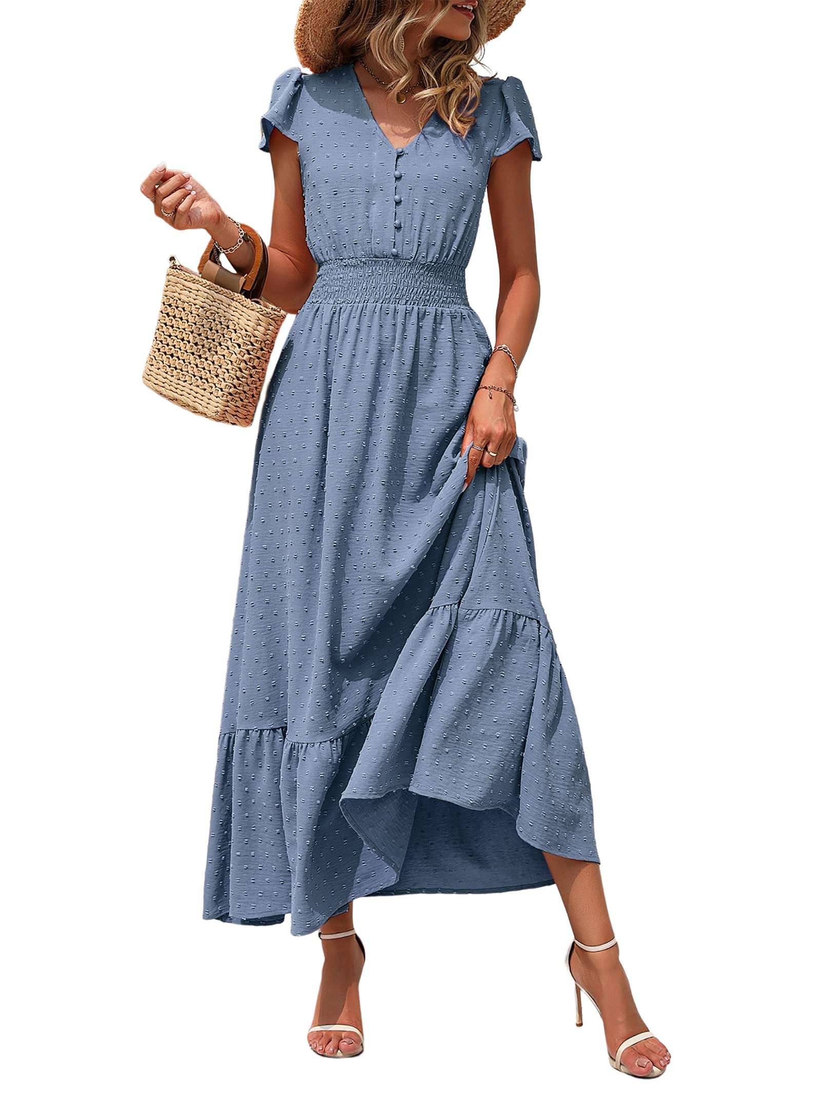 PRETTYGARDEN Womens Dresses 2026 Summer Maxi Dress Boho Short Sleeve V Neck Swiss Dot Ruffle Tiered Smocked Flowy Long Dress - Image 1
