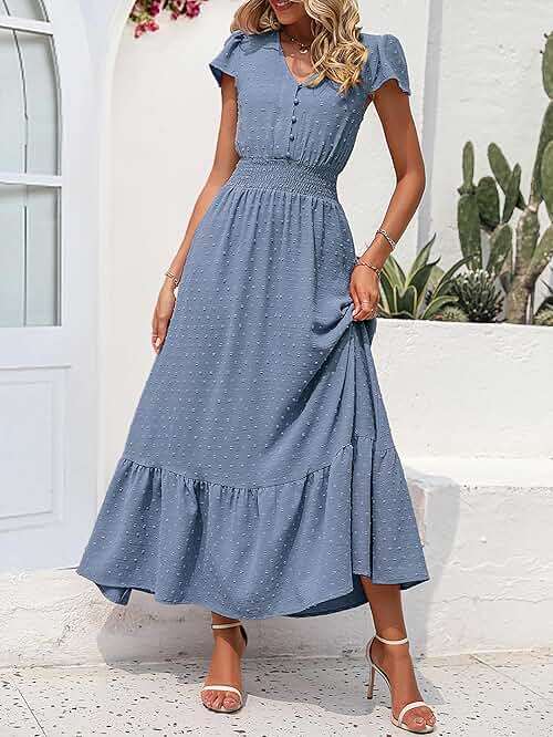PRETTYGARDEN Womens Dresses 2026 Summer Maxi Dress Boho Short Sleeve V Neck Swiss Dot Ruffle Tiered Smocked Flowy Long Dress - Image 2
