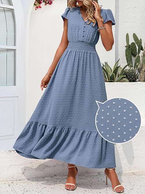 PRETTYGARDEN Womens Dresses 2026 Summer Maxi Dress Boho Short Sleeve V Neck Swiss Dot Ruffle Tiered Smocked Flowy Long Dress - Image 3