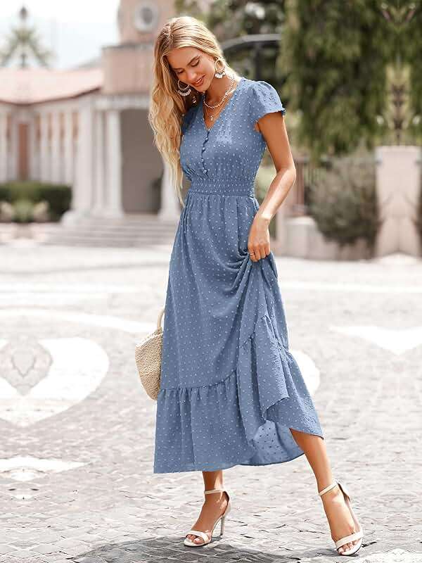 PRETTYGARDEN Womens Dresses 2026 Summer Maxi Dress Boho Short Sleeve V Neck Swiss Dot Ruffle Tiered Smocked Flowy Long Dress - Image 4