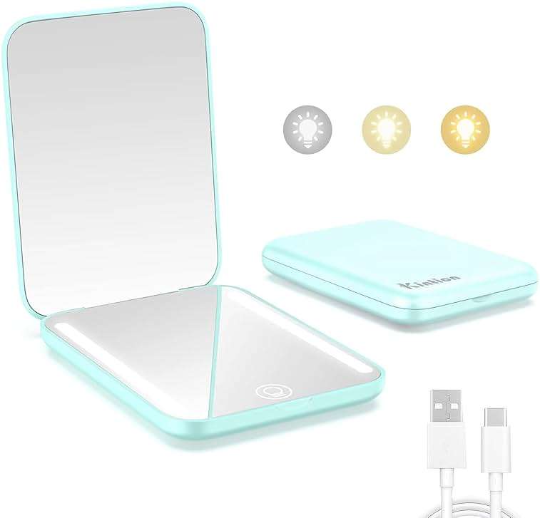 Kintion Rechargeable Pocket Mirror, Double Sided 1X/3X Magnification Compact Vanity Mirror, 3 Color Lights, Dimmable, Small Portable Wallet Mirror, Lighted Travel Mirror for Women Gifts, Cyan - Image 1