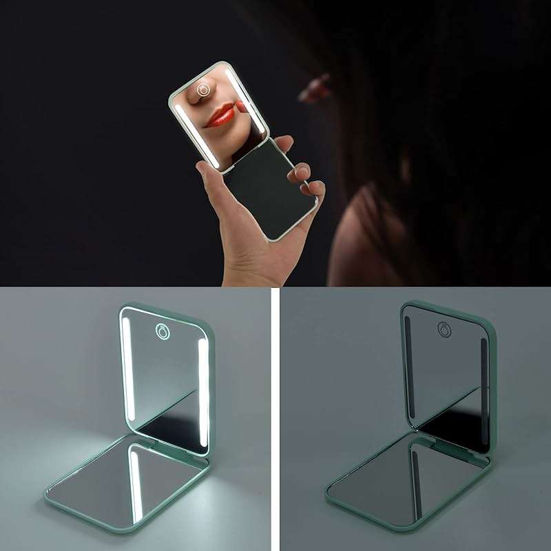 Kintion Rechargeable Pocket Mirror, Double Sided 1X/3X Magnification Compact Vanity Mirror, 3 Color Lights, Dimmable, Small Portable Wallet Mirror, Lighted Travel Mirror for Women Gifts, Cyan - Image 3