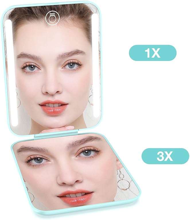 Kintion Rechargeable Pocket Mirror, Double Sided 1X/3X Magnification Compact Vanity Mirror, 3 Color Lights, Dimmable, Small Portable Wallet Mirror, Lighted Travel Mirror for Women Gifts, Cyan - Image 4