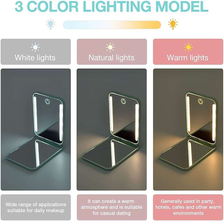 Kintion Rechargeable Pocket Mirror, Double Sided 1X/3X Magnification Compact Vanity Mirror, 3 Color Lights, Dimmable, Small Portable Wallet Mirror, Lighted Travel Mirror for Women Gifts, Cyan - Image 5