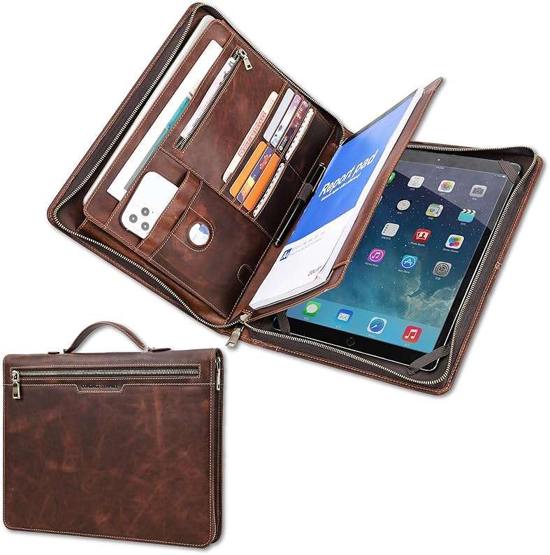 CataPurus Top Grain Leather 12.9" Strap Large Portfolio, Handmade Retro Design, Large Capacity Multi-Functional Business Zip Padfolio, Holder for Cards/Tablet/Phone/AirTag/A4 Doc, Red Coffee 12.9 Inch - Image 1